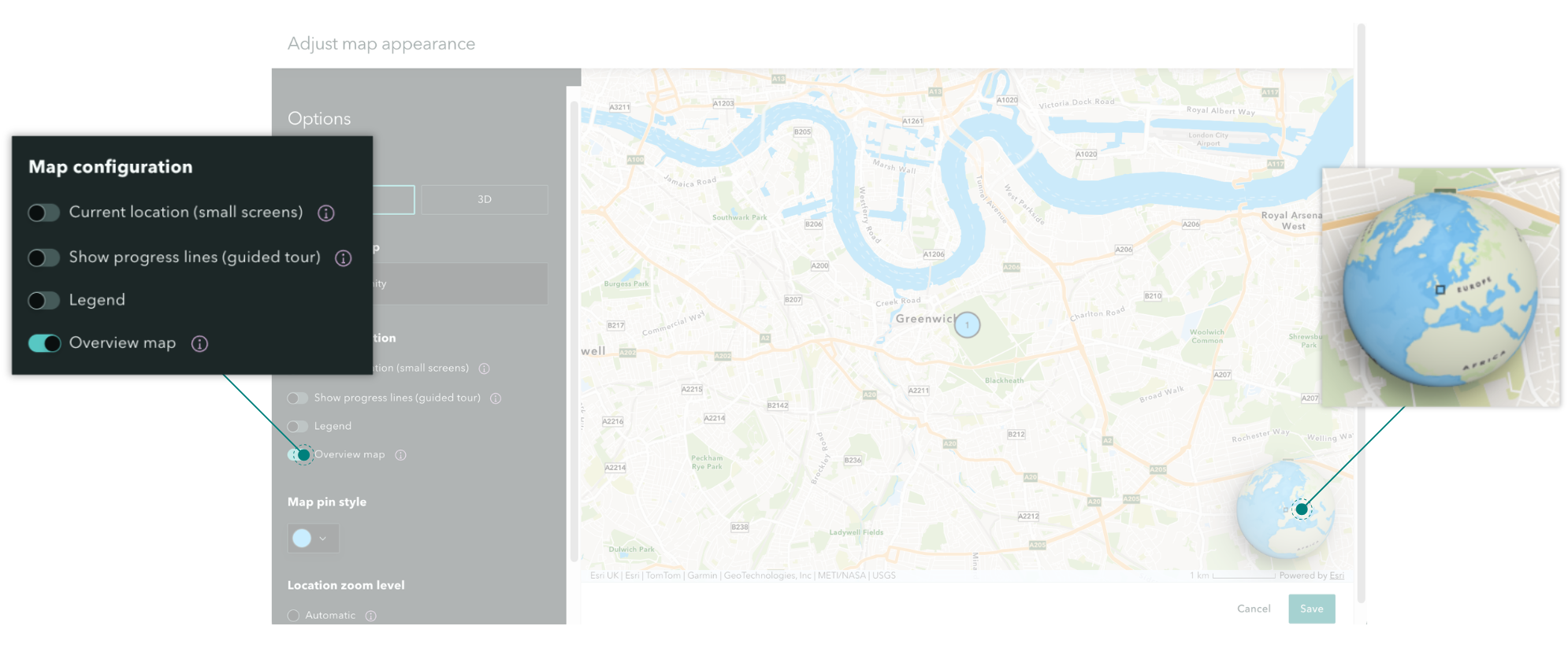 Screenshot of the Adjust map appearance viewer in the ArcGIS StoryMaps builder with callouts showcasing the Overview map feature that newly applies to all types of map tours.