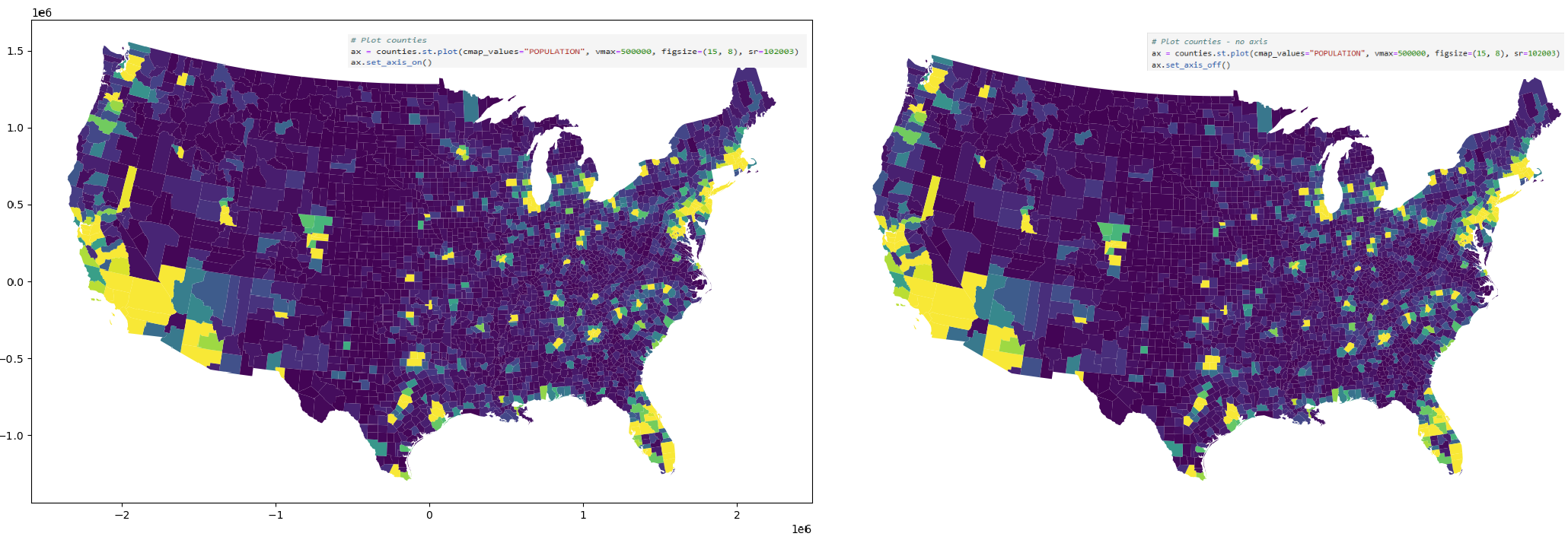 Two maps of the conterminous United States showing population by county. One has axis markers around the map, one does not.