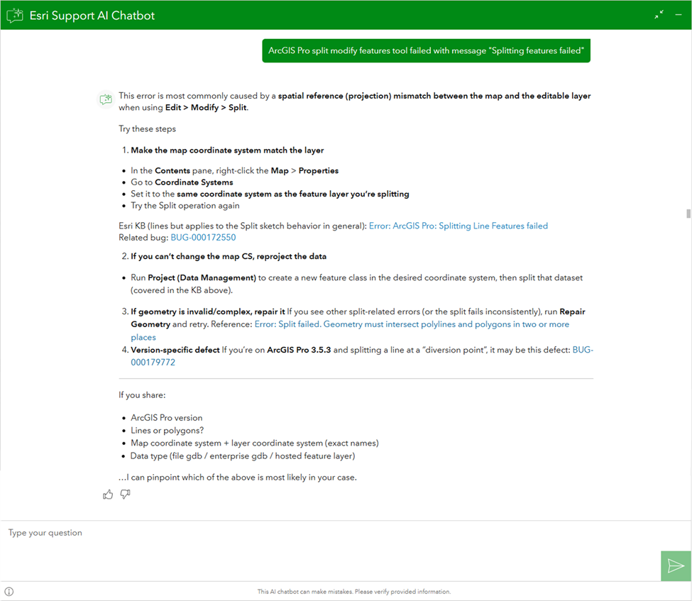 A screenshot from a troubleshooting workflow in the Esri Support AI Chatbot