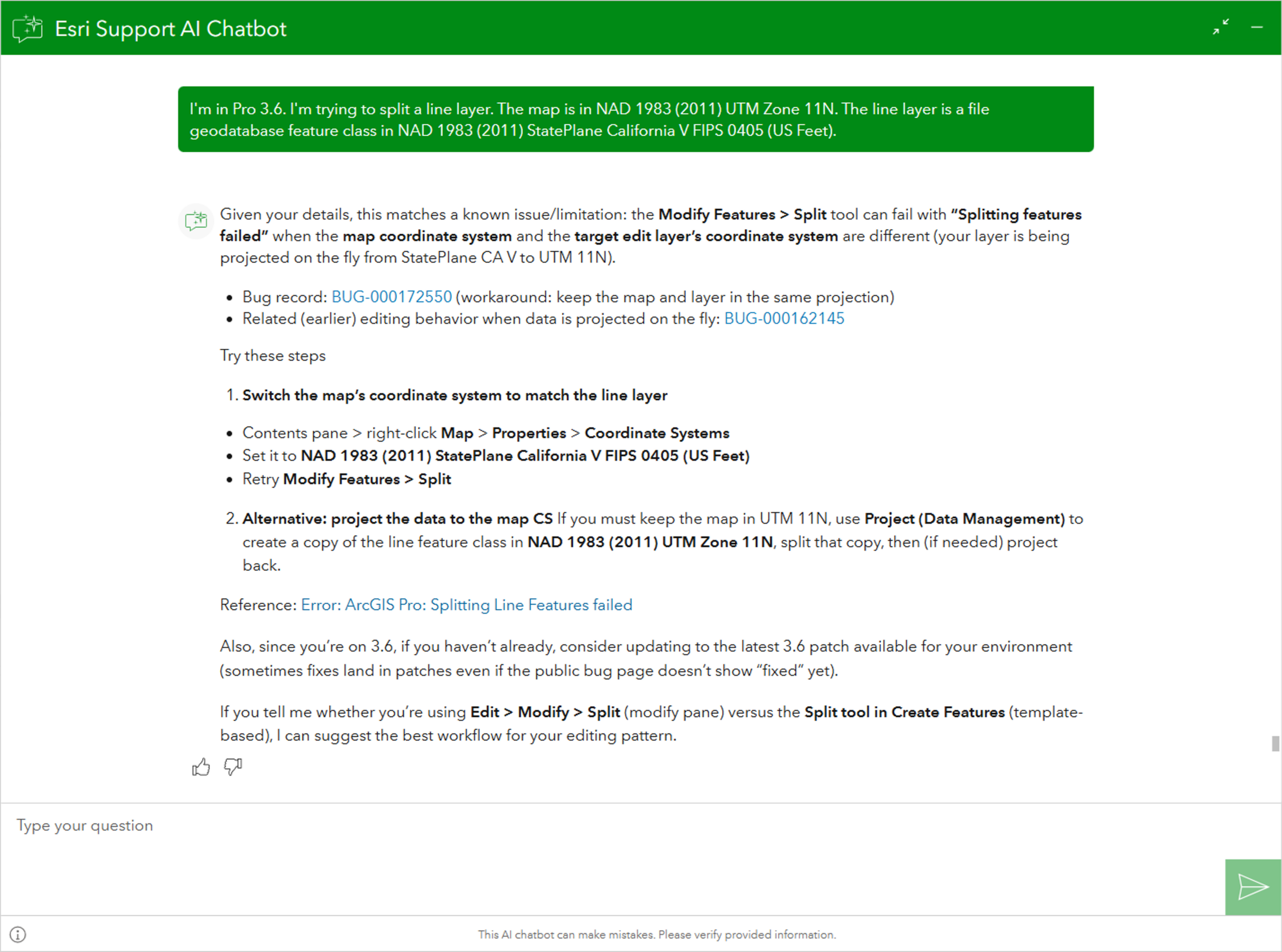A screenshot from a troubleshooting workflow in the Esri Support AI Chatbot