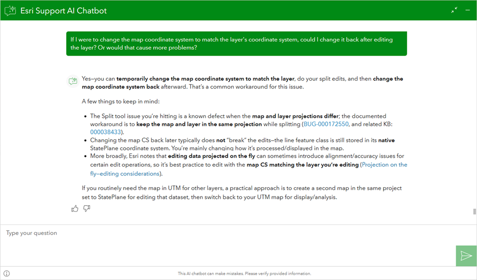 A screenshot from a troubleshooting workflow in the Esri Support AI Chatbot