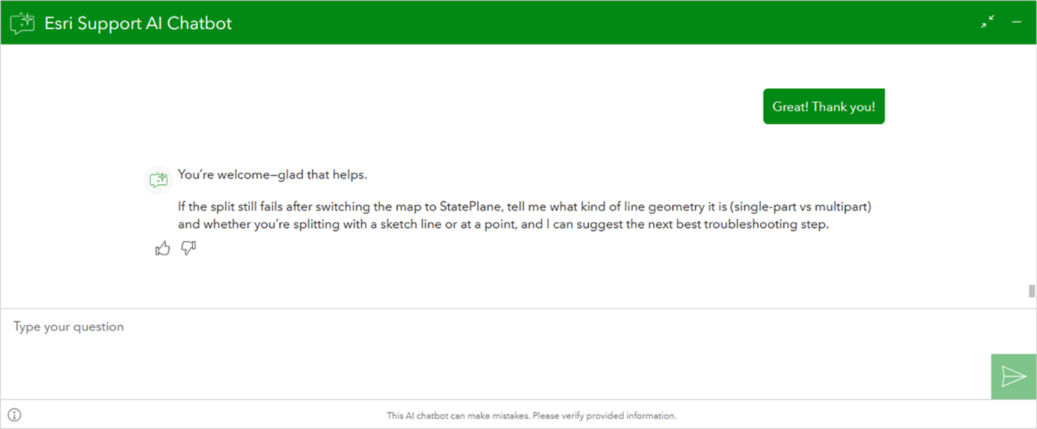 A screenshot from a troubleshooting workflow in the Esri Support AI Chatbot