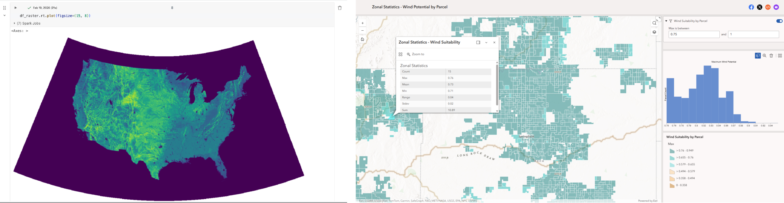 Two images showing a US-scale raster dataset rendered with GeoAnalytics Engine, and an Experience Builder dashboard with results of zonal statistics