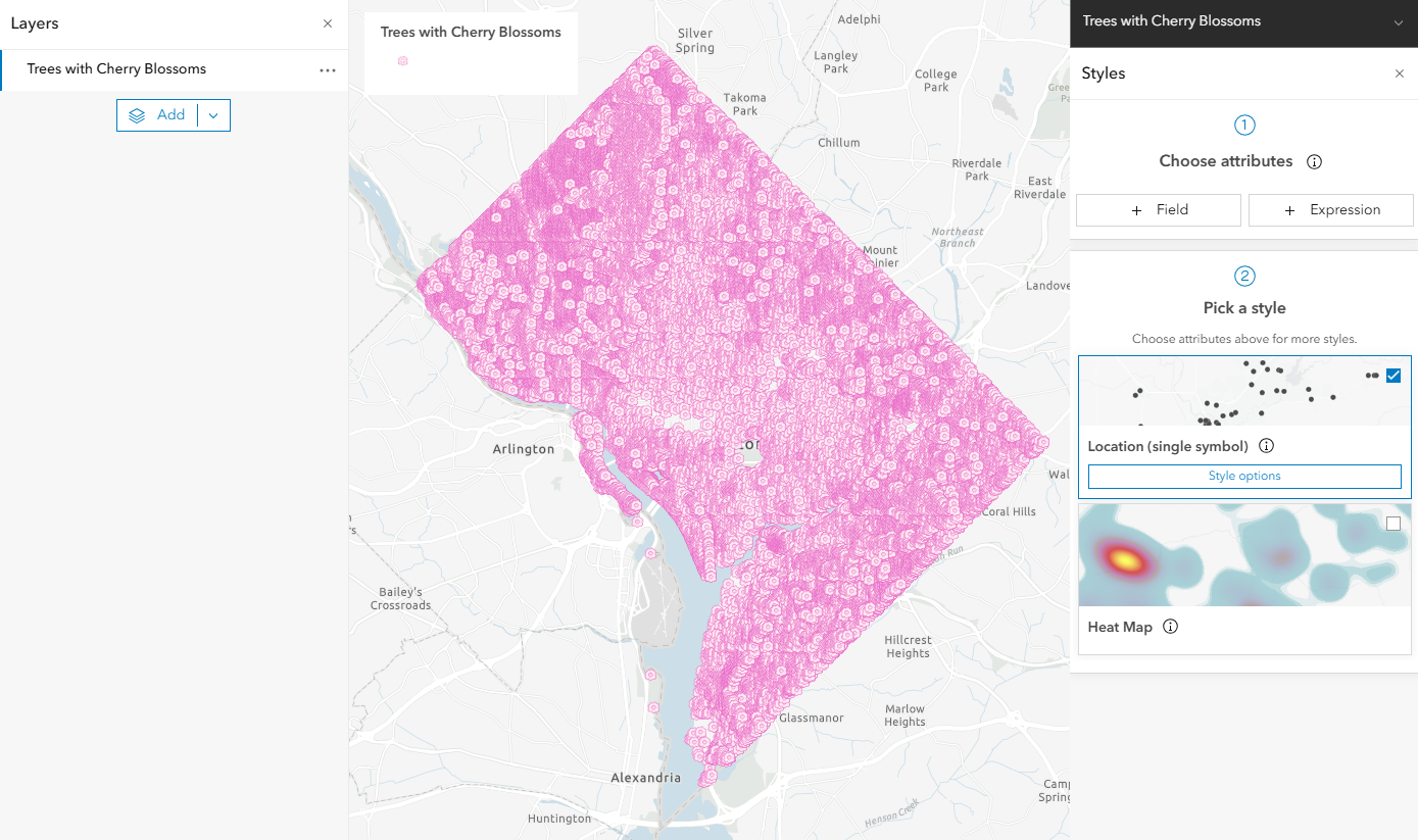 Map of cherry blossom trees in D.C., represented as single symbols.