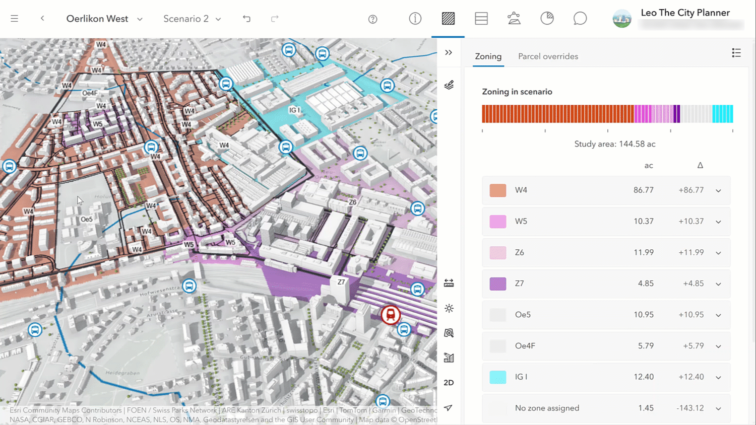 A 3D planning map is shown with zoning areas highlighted in different colors across a neighborhood. As the view updates, the zoning summary panel on the right displays the distribution of zoning types within the study area, including their areas and totals. The map visually links each zoning color on the map to its corresponding category in the zoning list.