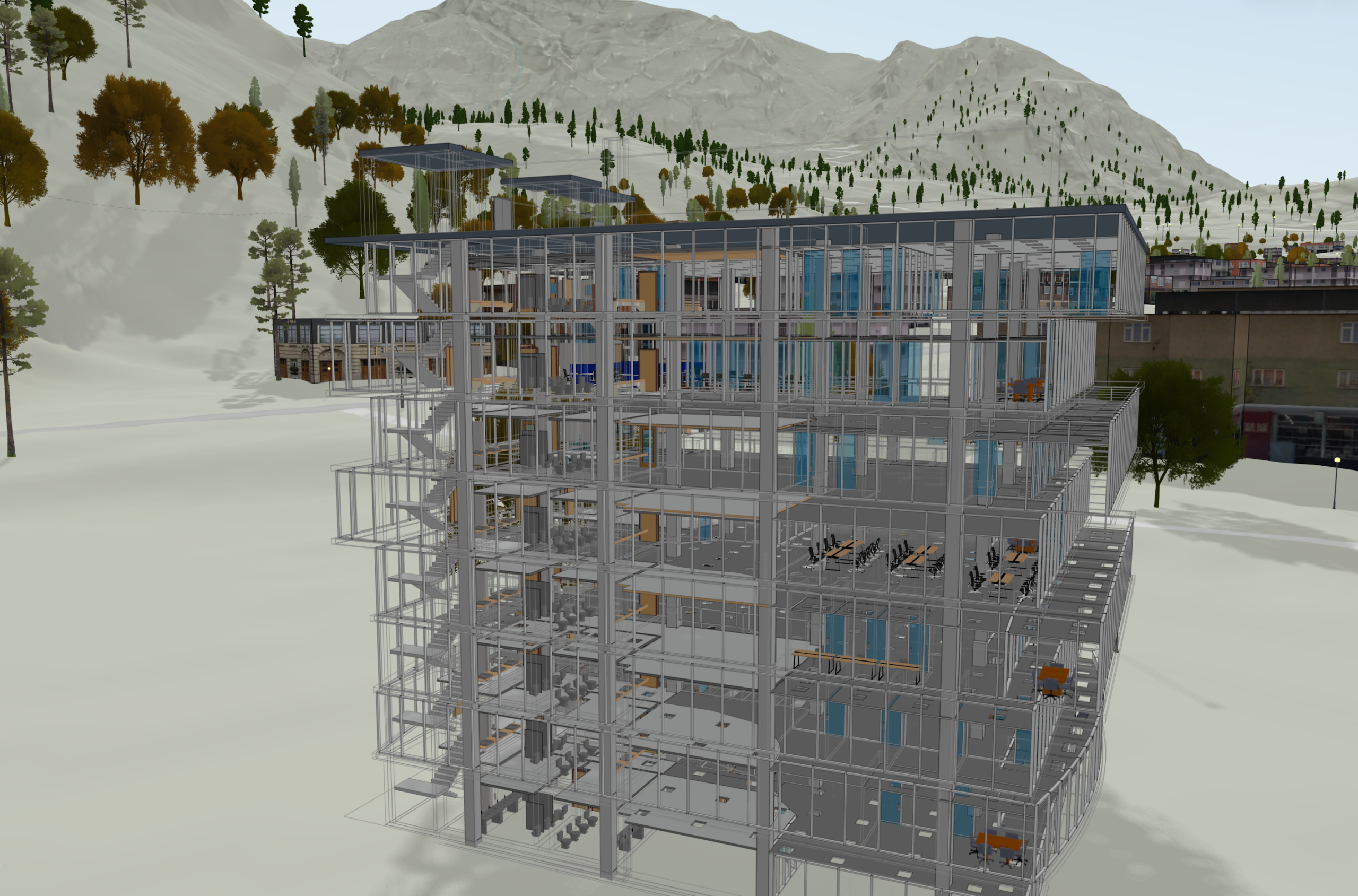 The image shows a highly detailed Building Scene Layer rendered in a local scene. The walls of the building are hidden so that the inner architecture is exposed to the viewer