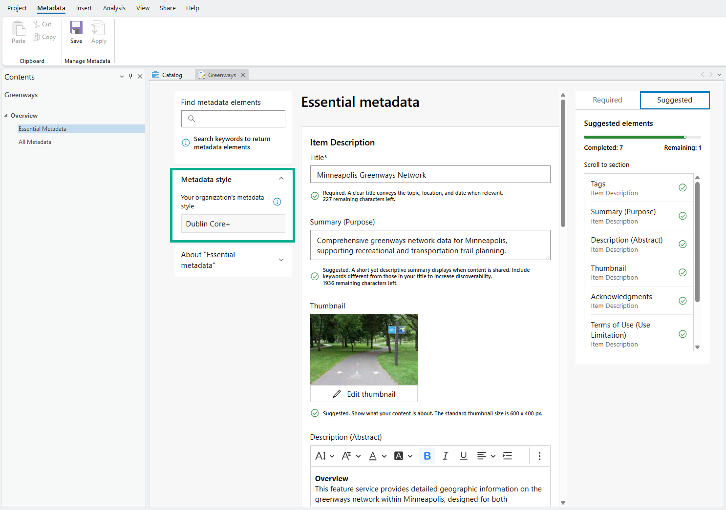 ArcGIS Pro 3.7 interface showing the metadata editor with the Dublin Core+ metadata style selected.