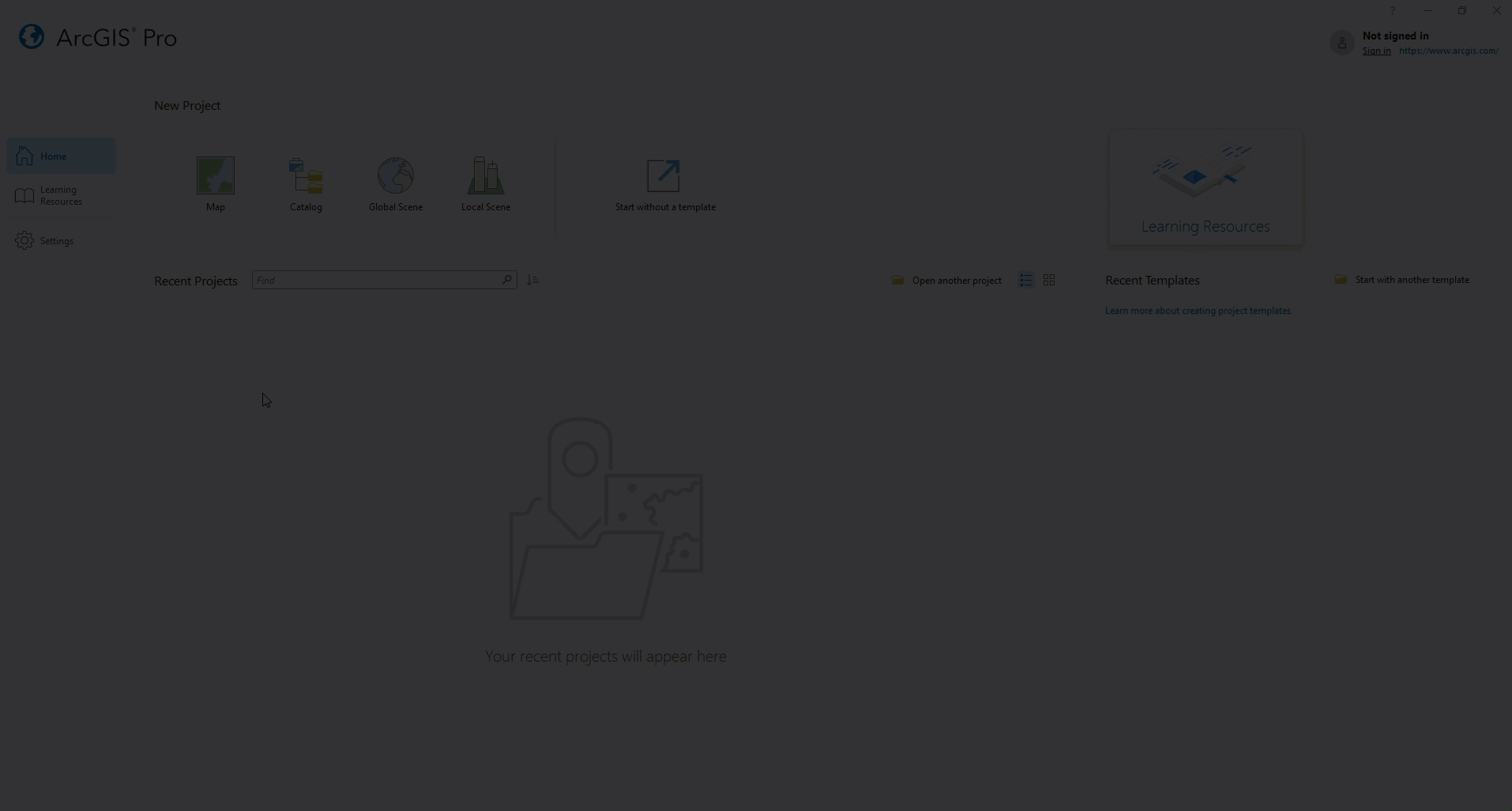 ArcGIS Pro start page showing options to change metadata style and editor.