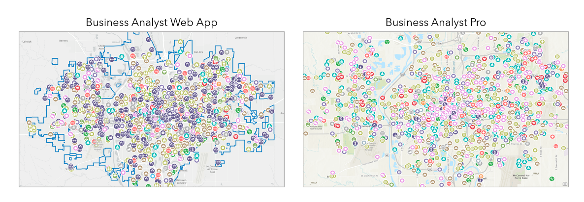 Side-by-side comparison of POI search maps created in ArcGIS Business Analyst