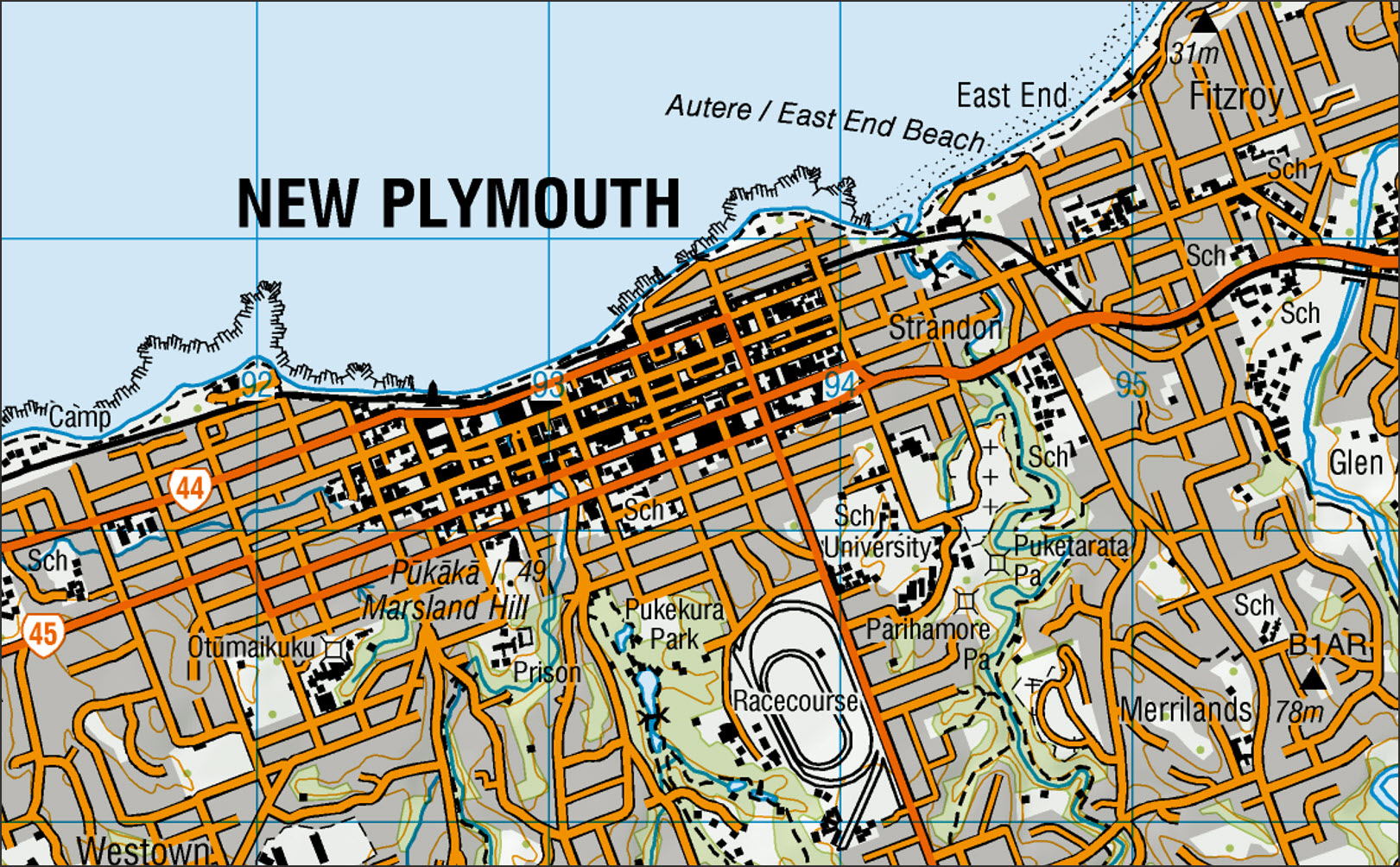 In reference maps, different colors, patterns, and sizes for the text and symbols help distinguish among features on the same layer and between layers. Overlaying one layer atop another provides the subtle separation needed to understand the hierarchy of feature layers. (Reference map segment courtesy of Land Information New Zealand.)