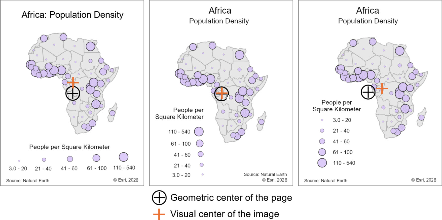 On layout at the left, the map is positioned at the visual center of the layout, and map elements are arranged in a symmetrical manner to create formal balance. The other two layouts (middle and right) are designed with informal balance. The position of elements on the layout can also cause the eye to move in a desired direction, for example, from the title to the map to the other elements on the page.