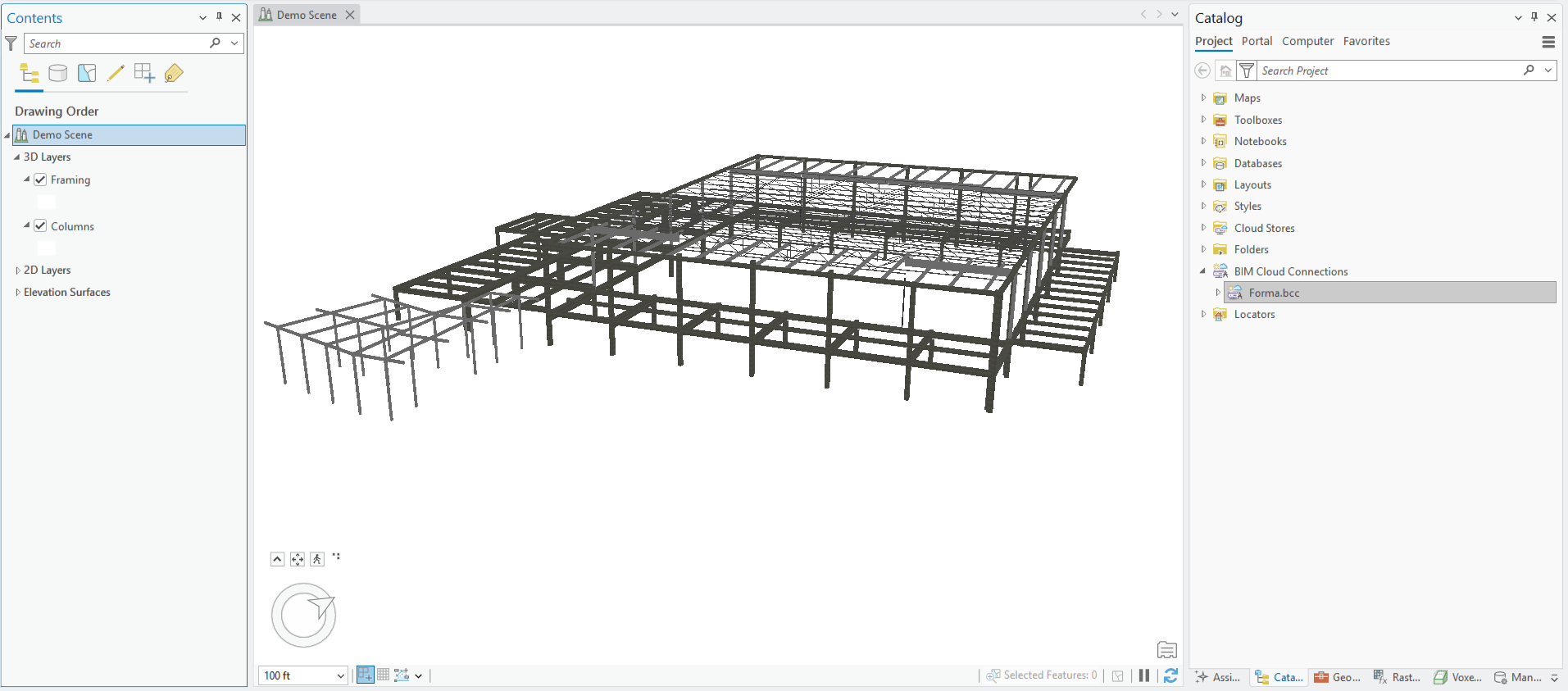 3D BIM model of a structural steel building displayed in a GIS interface with layer controls and project catalog visible