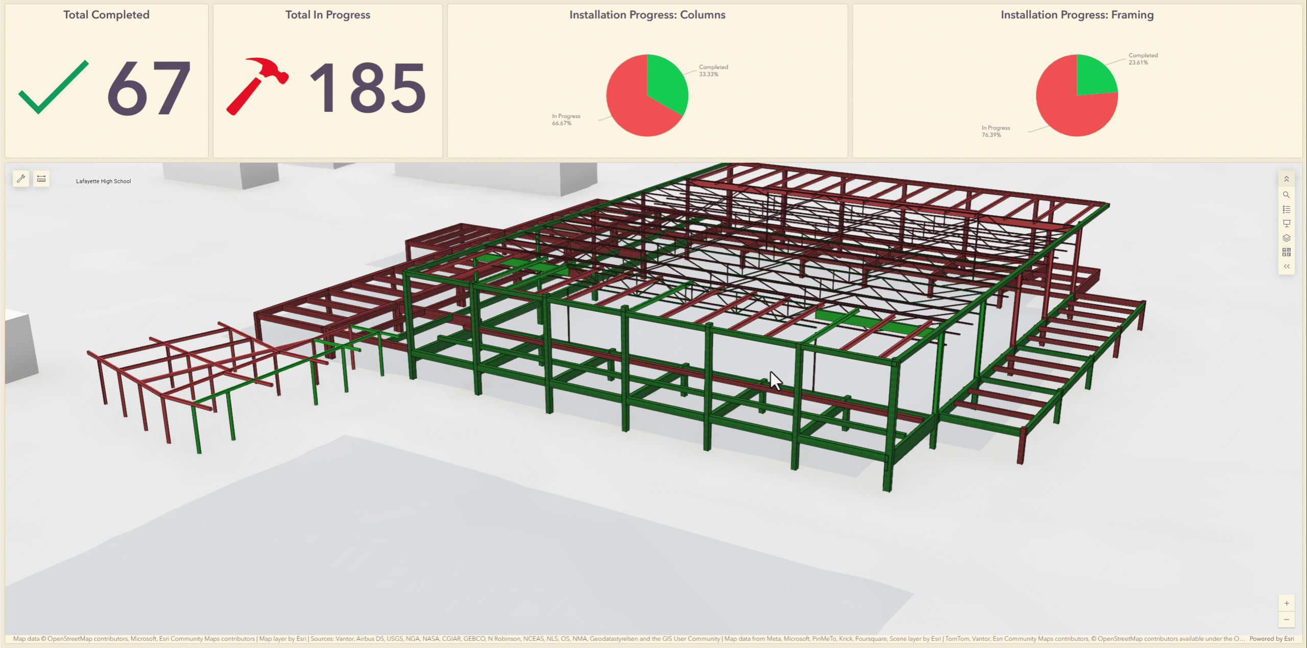 Animated 3D construction dashboard showing structural steel installation progress with completed and in-progress elements highlighted