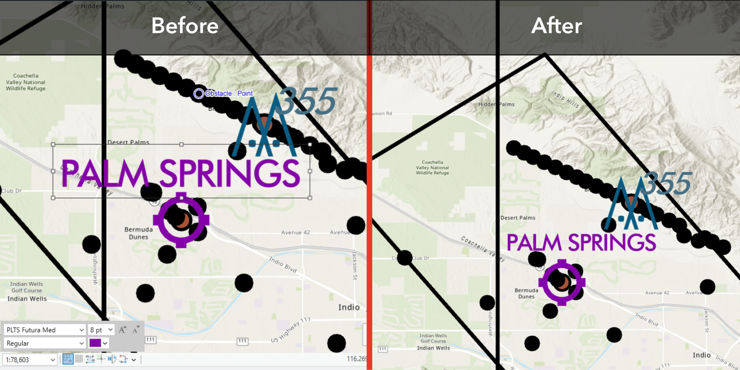 Image showing before and after using the Aviation Resize command to resize text.