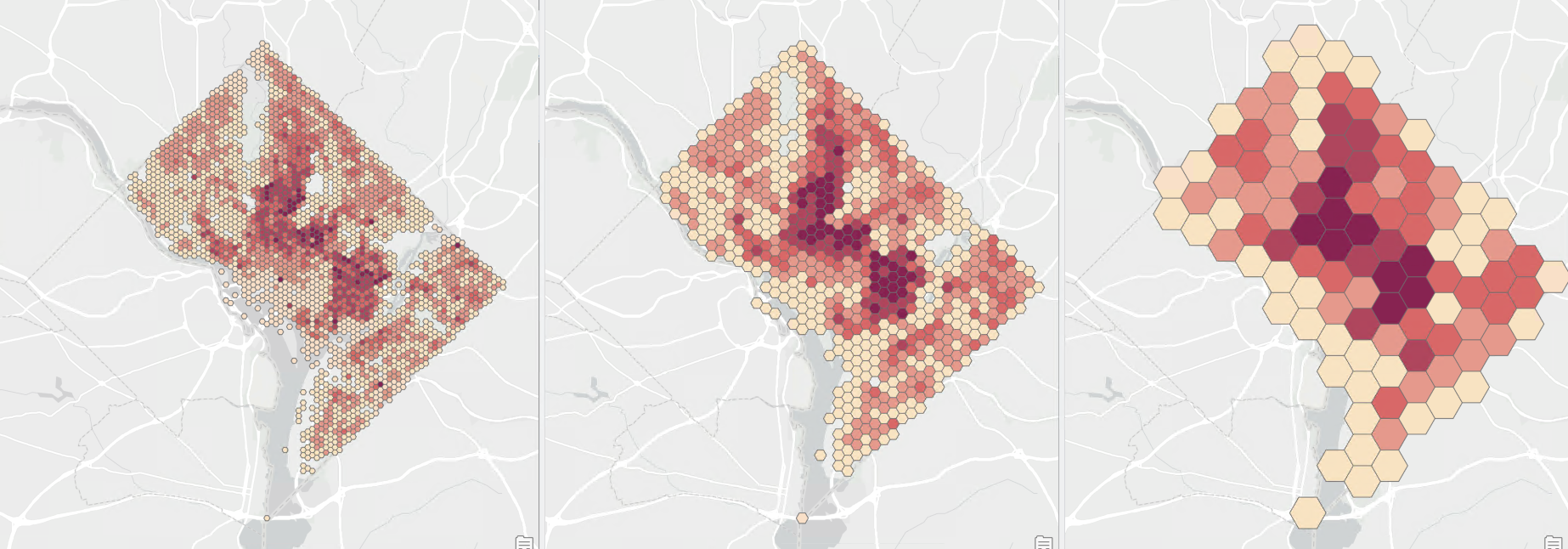 Three maps side-by-side showing point data aggregated to hex bins of different sizes over the DC region, from small bins on the left to larger bins on the right.
