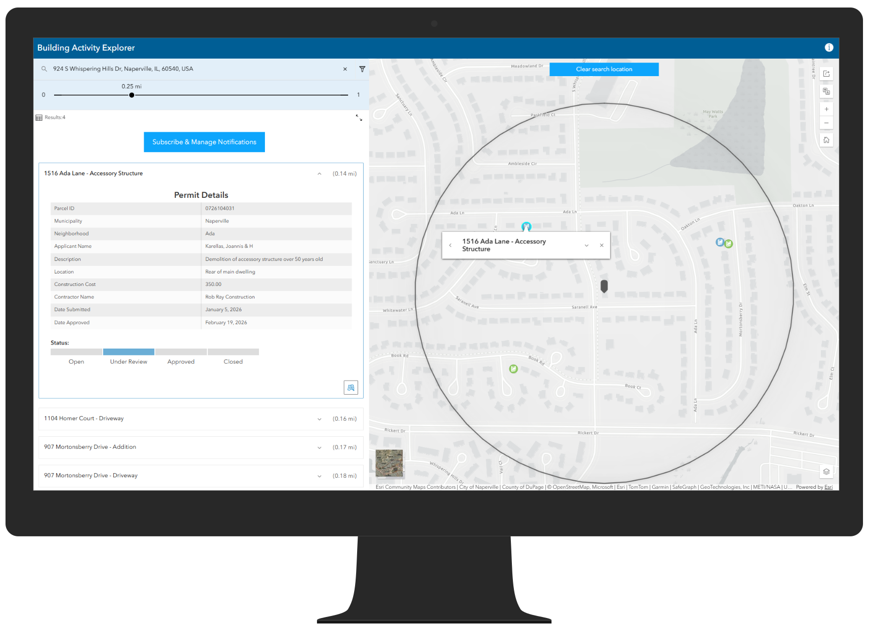 An image of the Building Activity Explorer application showing recent building permits activity
