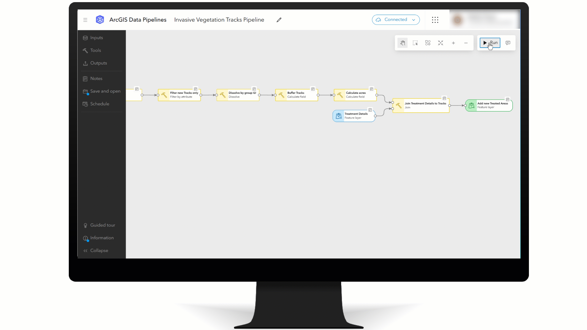 Short animation showing the Data Pipeline flow and the treated area polygon outcome.