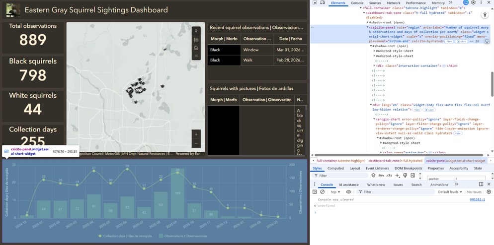 The squirrel observations dashboard with code inspected for the collection days serial chart.