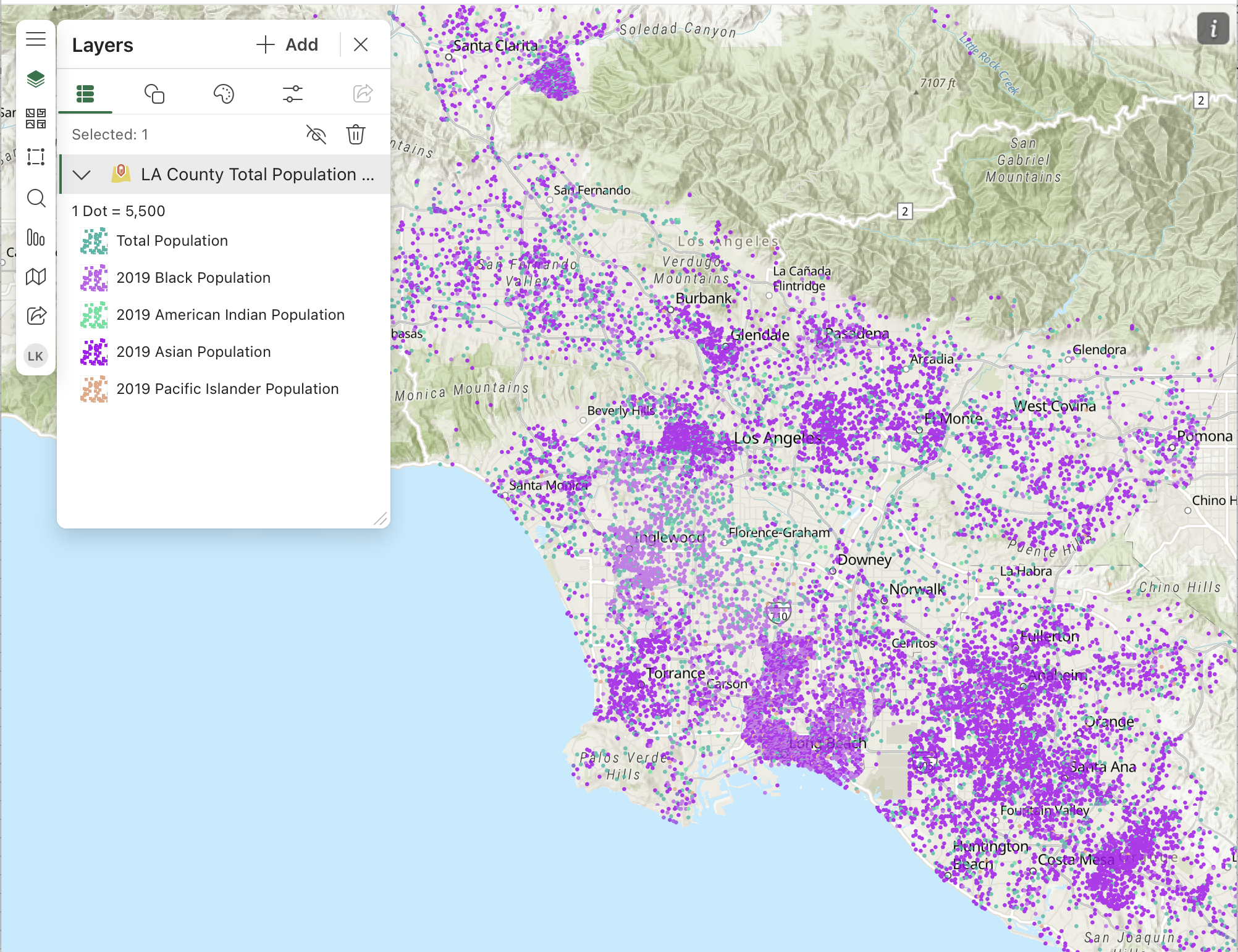 standard map colors with purple dots all over the map