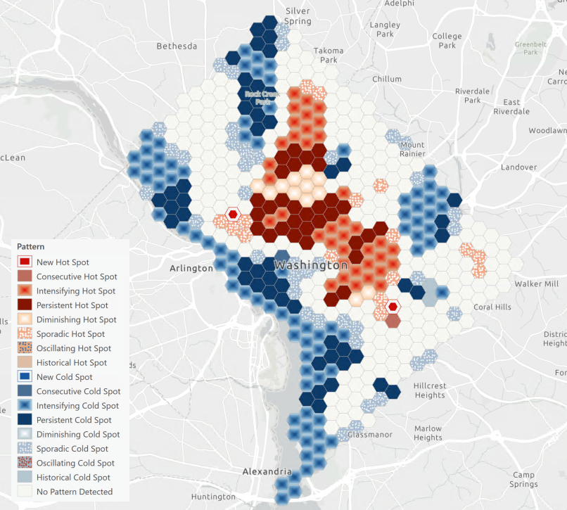 Map of hex bins over DC ranging in color from blues to reds with different Emerging Hot Spot Analysis patterns identified in a legend.