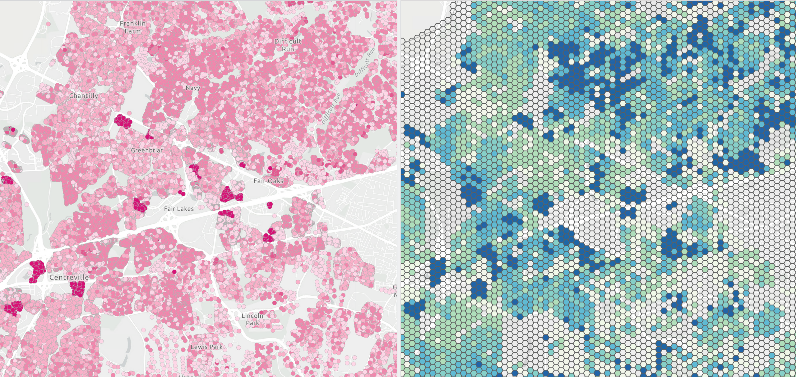 Two side-by-side maps show points symbolized by house price on the left and those same points aggregated to hex bins on the right, symbolized by the mean house price within each hex bin.