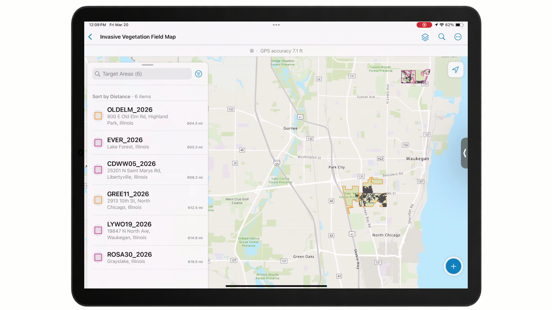 Short animation showing the Invasive Vegetation Field Map on an iPad. The task list is shown, a target area task is selected, and location sharing is started.
