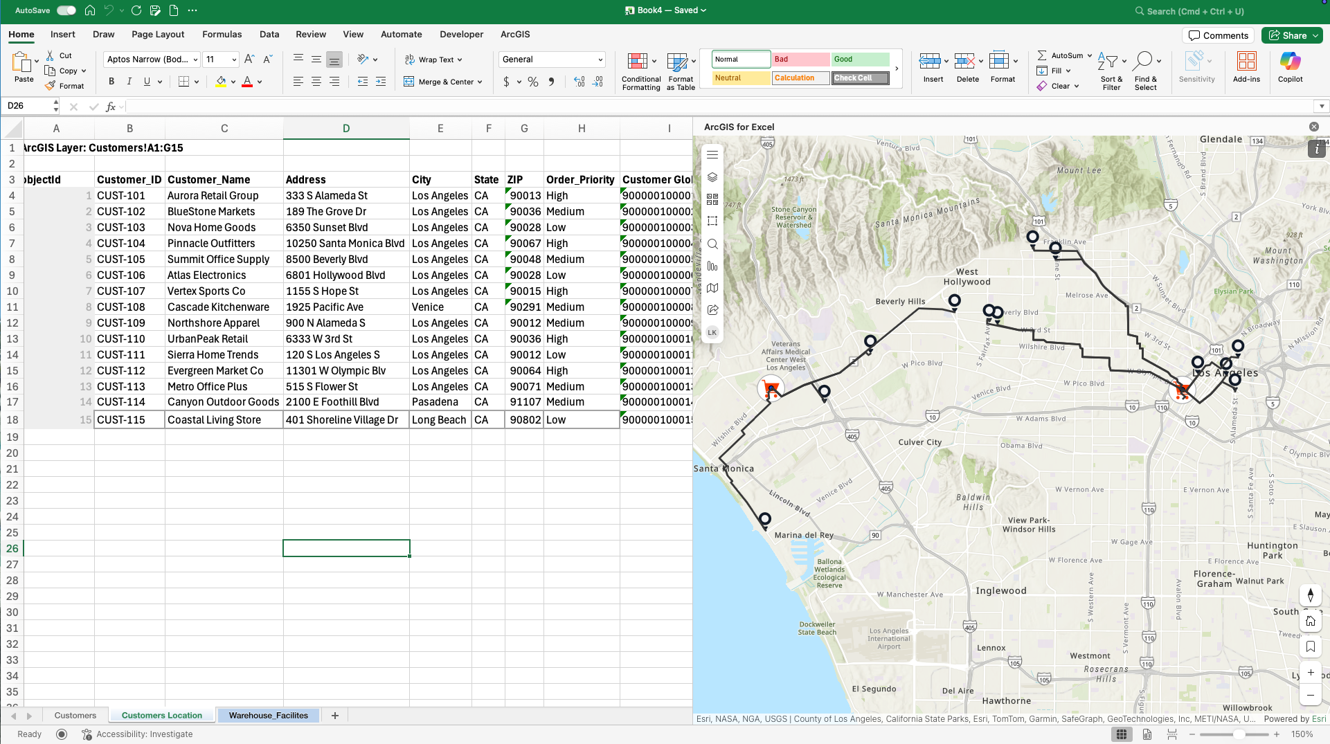 Image of data entered into excel and a map on the right side of the screen