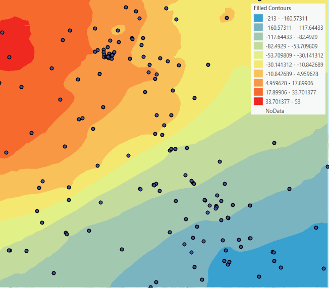 Interpolated RBF surface showing a smooth gradient with sample points overlaid.