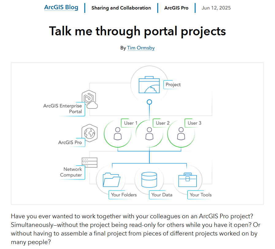 ArcGIS Pro blog describing portal projects and shared update groups for collaboration in ArcGIS Enterprise.