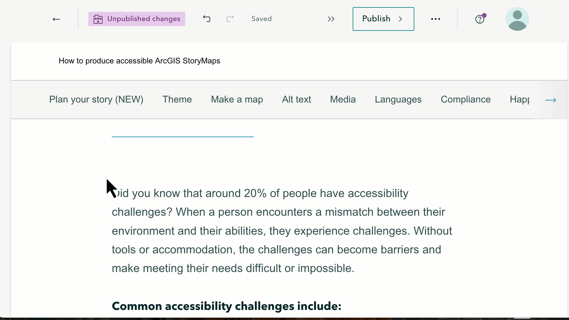 A screen recording of the ArcGIS StoryMaps builder shows the steps to tag text. It starts with a plus sign and the phrase Add content block, followed by the content block menu that shows the following text tagging options: Paragraph, heading 1, heading 2, heading 3, bulleted list, numbered list, and quote.