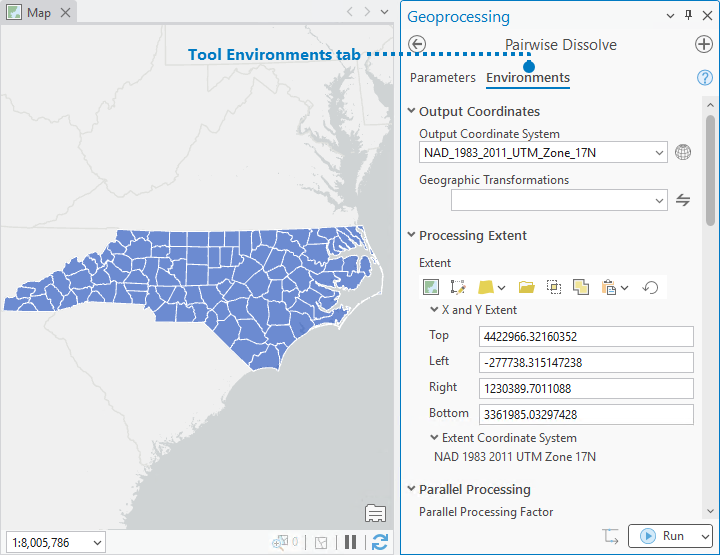 The Environments tab on the Pairwise Dissolve tool
