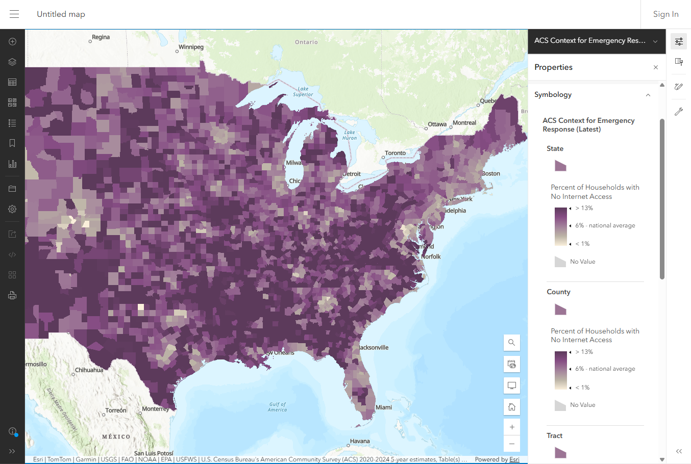 Map showing percentage of households with no internet access per county in the United States