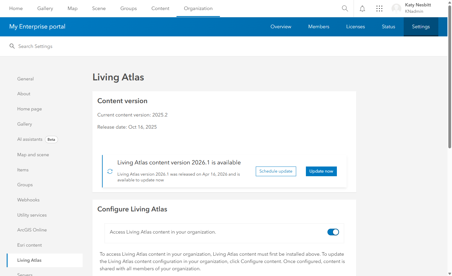 Organization Settings user interface showing that the 2026.1 Living Atlas package is available to install.