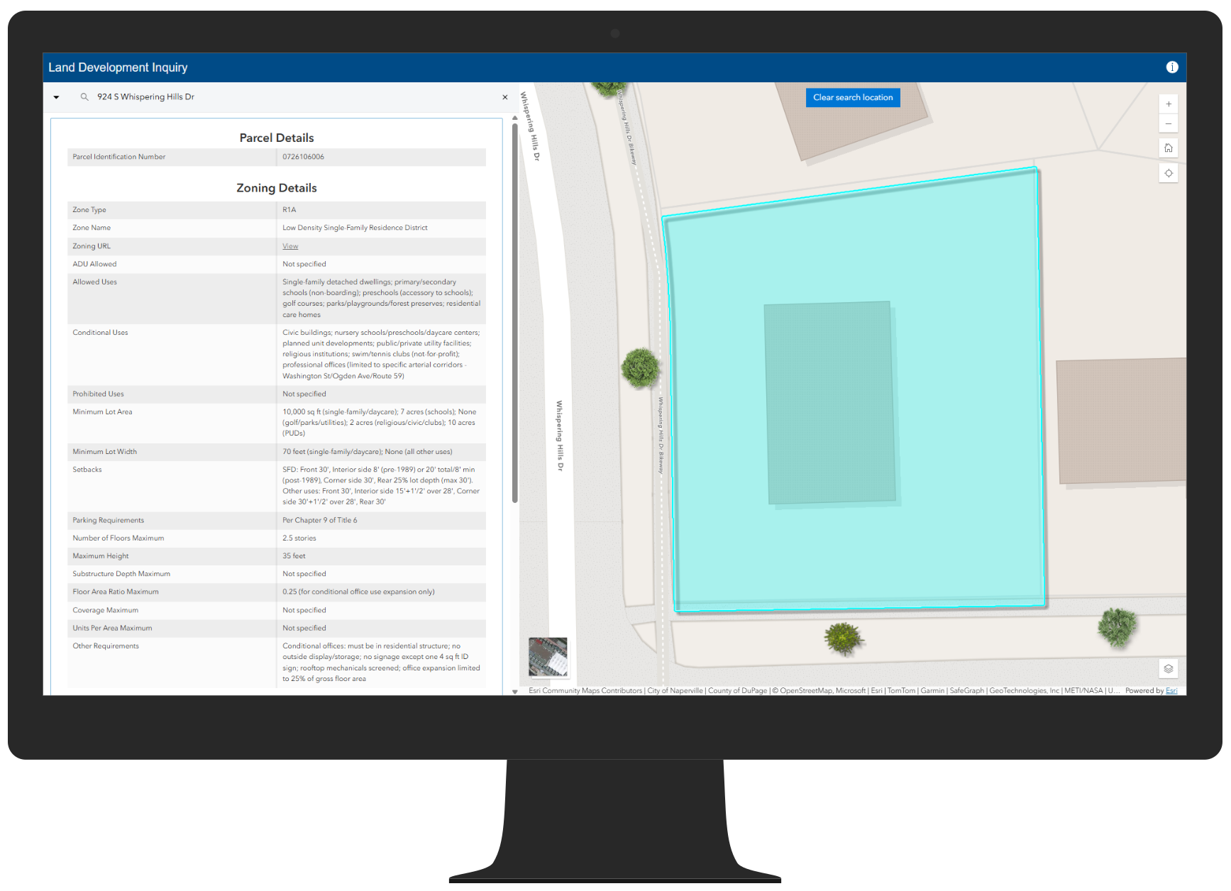 An image of the Land Development Inquiry application displaying a specific property and development regulations