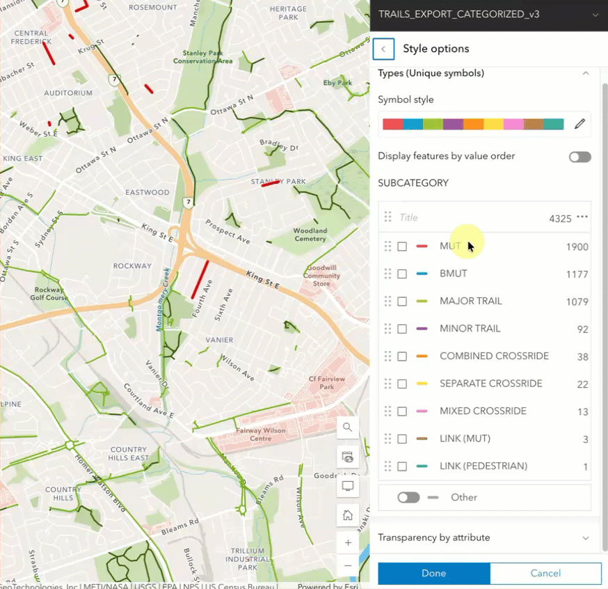 Animated GIF that visualizes the workflow for selecting and grouping categories of trails within the Map Viewer interface.