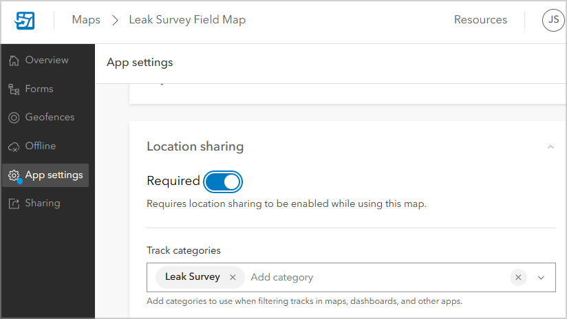 Screenshot showing the App settings configuration used to require location sharing in the Leak Survey Field Map.