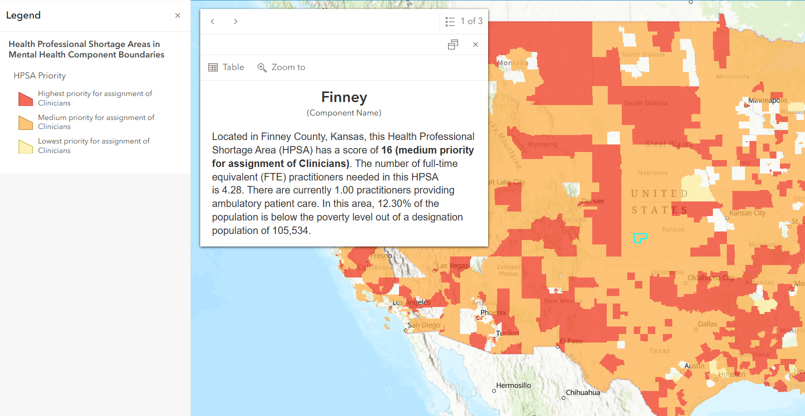 The pop-up describes Finney County, Kansas, depicted in orange for medium priority. "Located in Finney County, Kansas, this Health Professional Shortage Area (HPSA) has a score of 16 (medium priority for assignment of Clinicians). The number of full-time equivalent (FTE) practitioners needed in this HPSA is 4.28. There are currently 1.00 practitioners providing ambulatory patient care. In this area, 12.30% of the population is below the poverty level out of a designation population of 105,534."