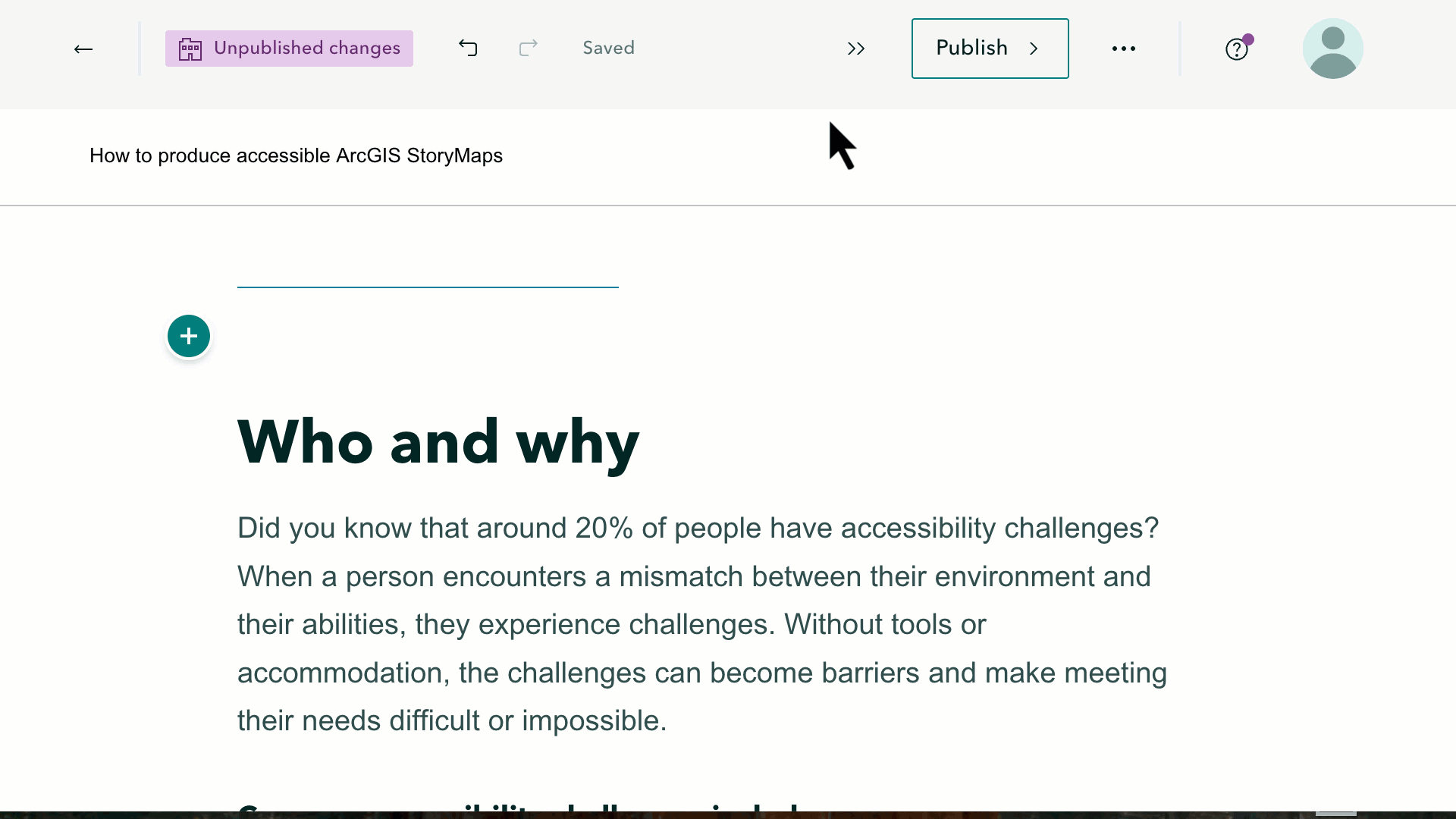 A screen recording of the ArcGIS StoryMaps builder shows the top menu bar with arrows that open a fly-out menu with following options: Design, Insights, Preview, and then opening the Design panel to show six cover options and the optional story sections, Navigation, which is clicked to move the slider to the on position.