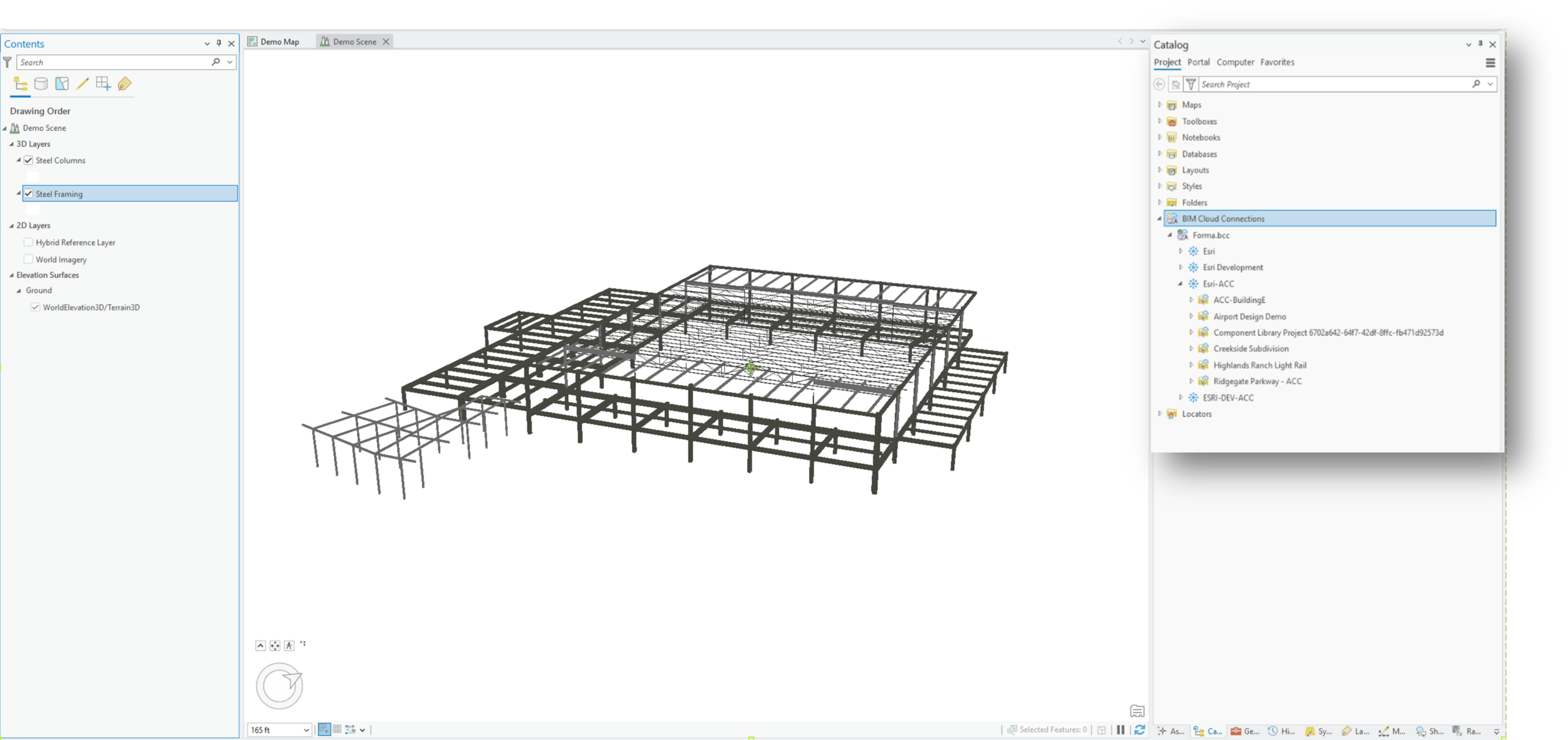 3D BIM model of a structural steel building displayed in a GIS interface with layer controls and project catalog visible