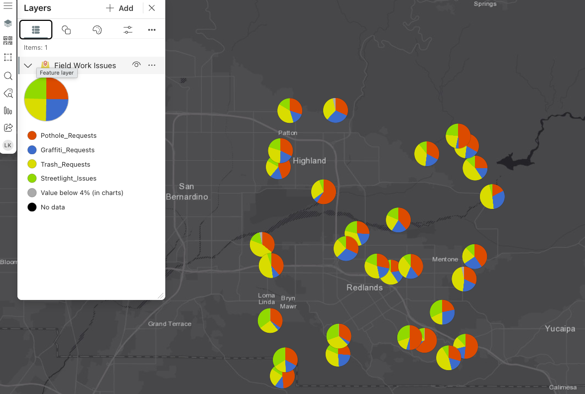 dark map with colorful pie charts as points on the map
