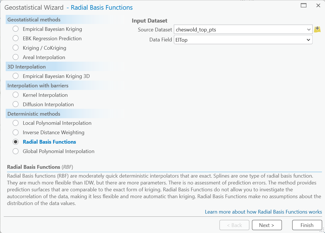 Select RBF method in the Geostatistical Wizard for surface interpolation.