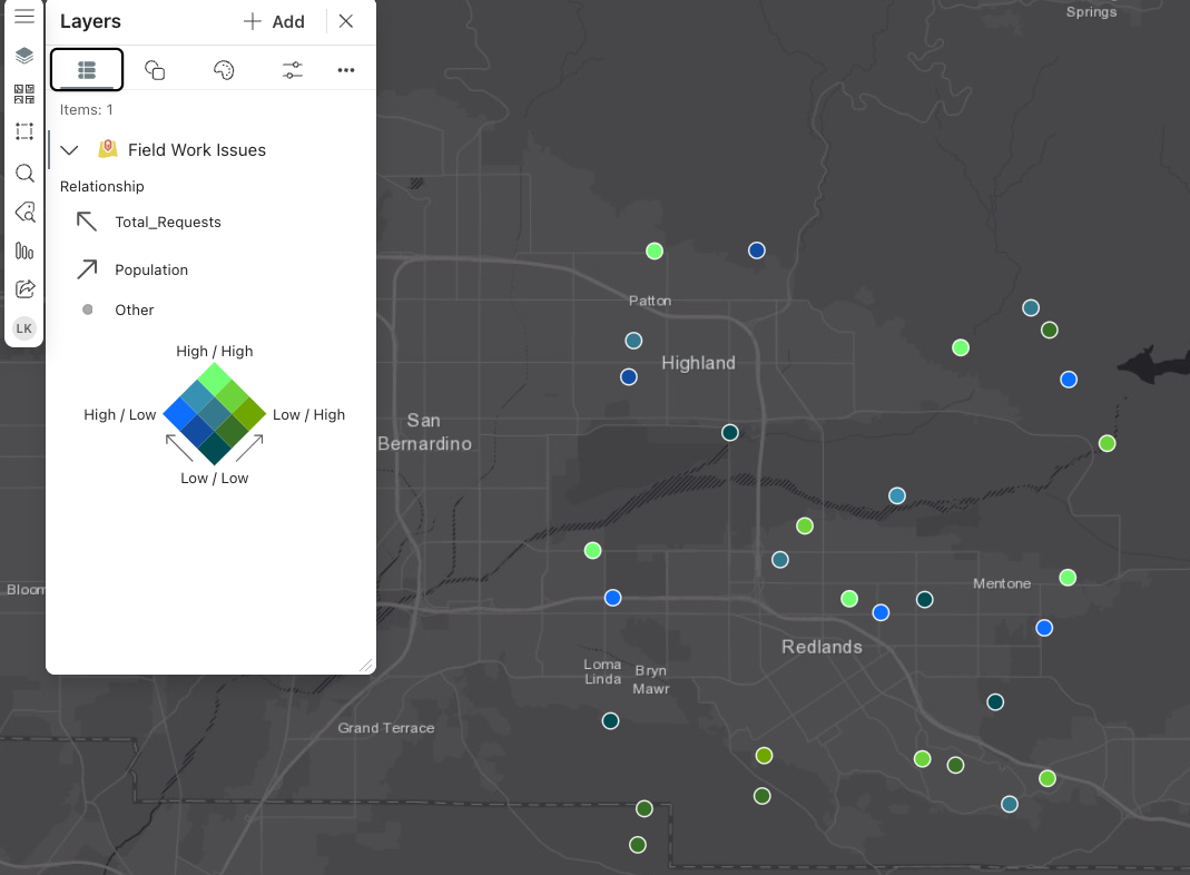 dark map with blue and green dots on the map