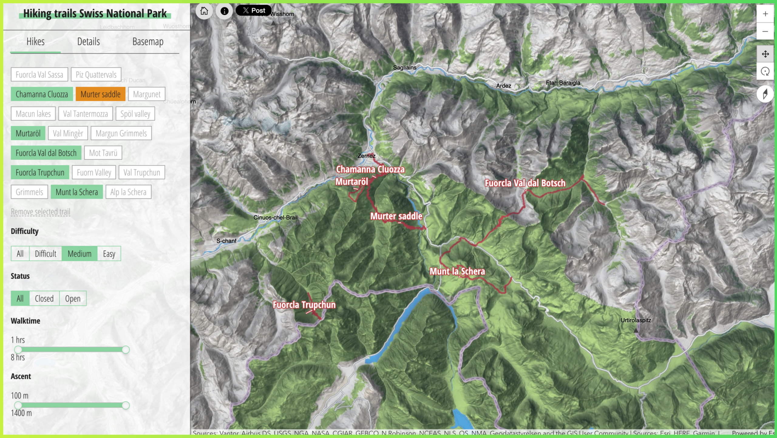 3D hiking trail map of Swiss National Park showing multiple trails