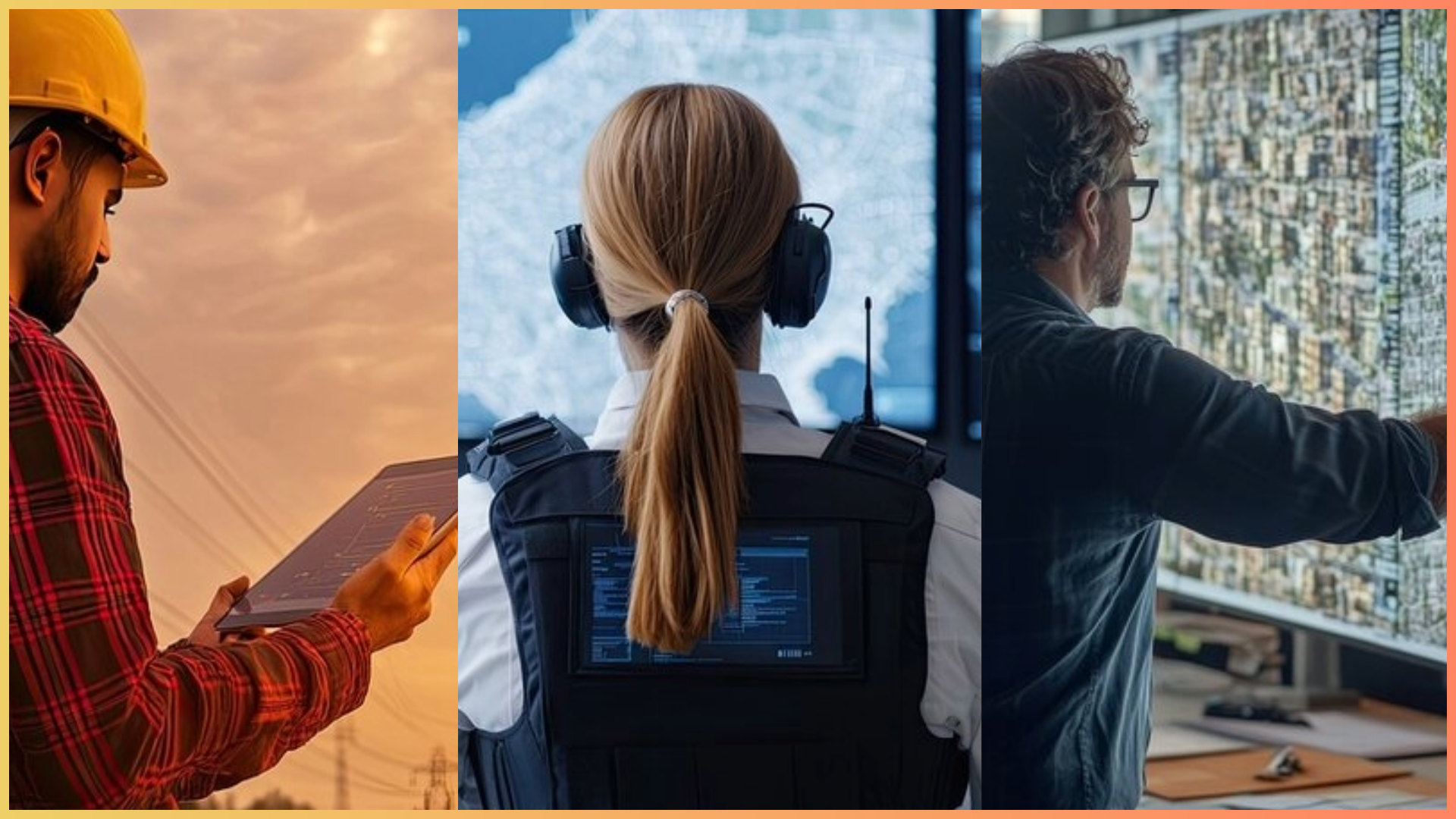 Three-panel image showing professionals from utility, emergency management, and urban planning industries using mapping technology.