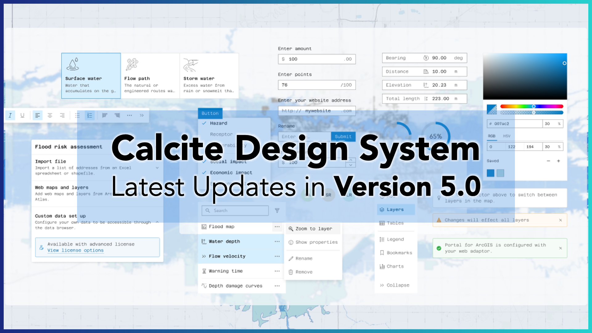 A Calcite Design System version 5.0 image displaying the title overlaid on multiple UI component screenshots.