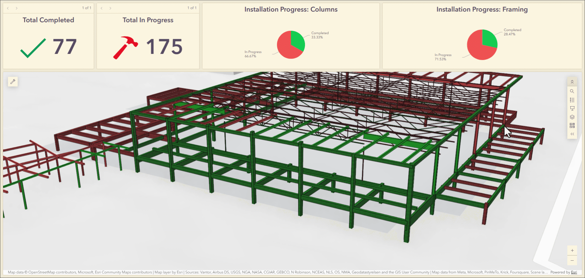 Animated 3D construction dashboard showing structural steel installation progress with completed and in-progress elements highlighted