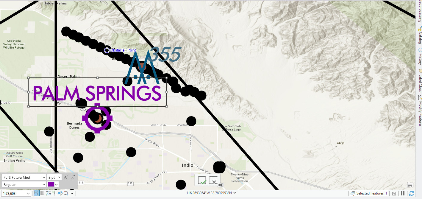 An Image of annotation feature overlapping a line feature in a map.