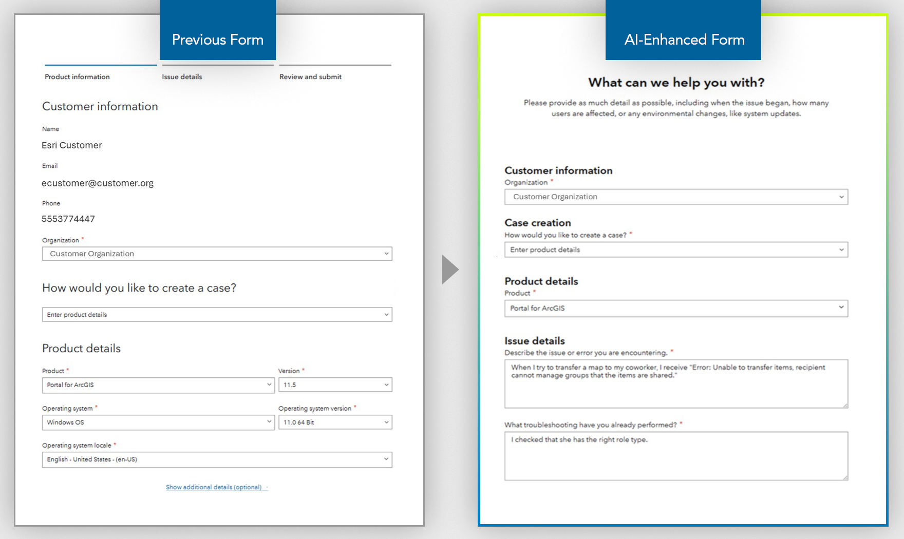 A comparison between the previous form and the new, AI-enhanced form.