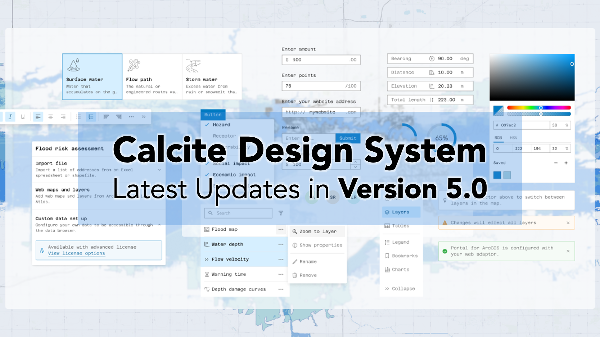Calcite Design System - Latest Updates in Version 5.0 title slide with background showcasing various UI components and mapping interfaces.