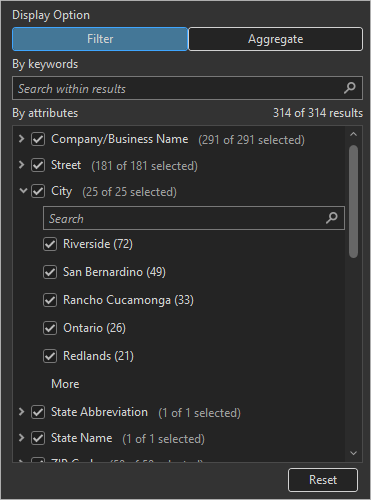 POI filter options in Business Analyst Pro